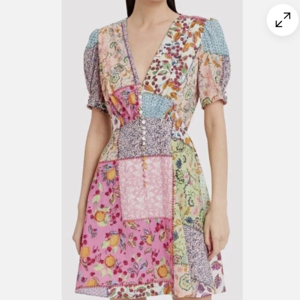 Saloni Dress Multicolor Lea Patchwork Mini Fit & Flare V-Neck Puff Sleeves